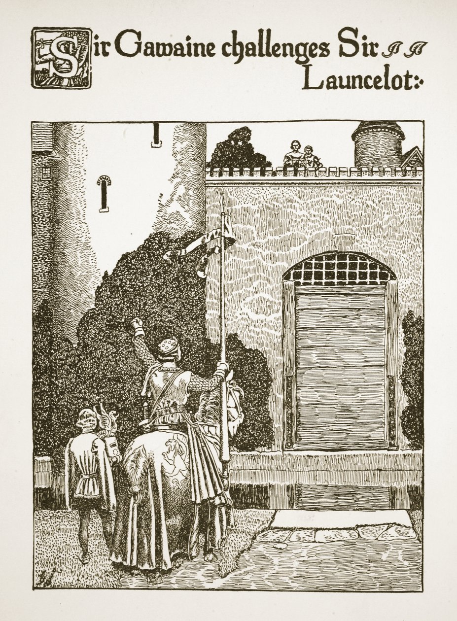 Sir Gawaine utfordrer Sir Launcelot, illustrasjon fra 