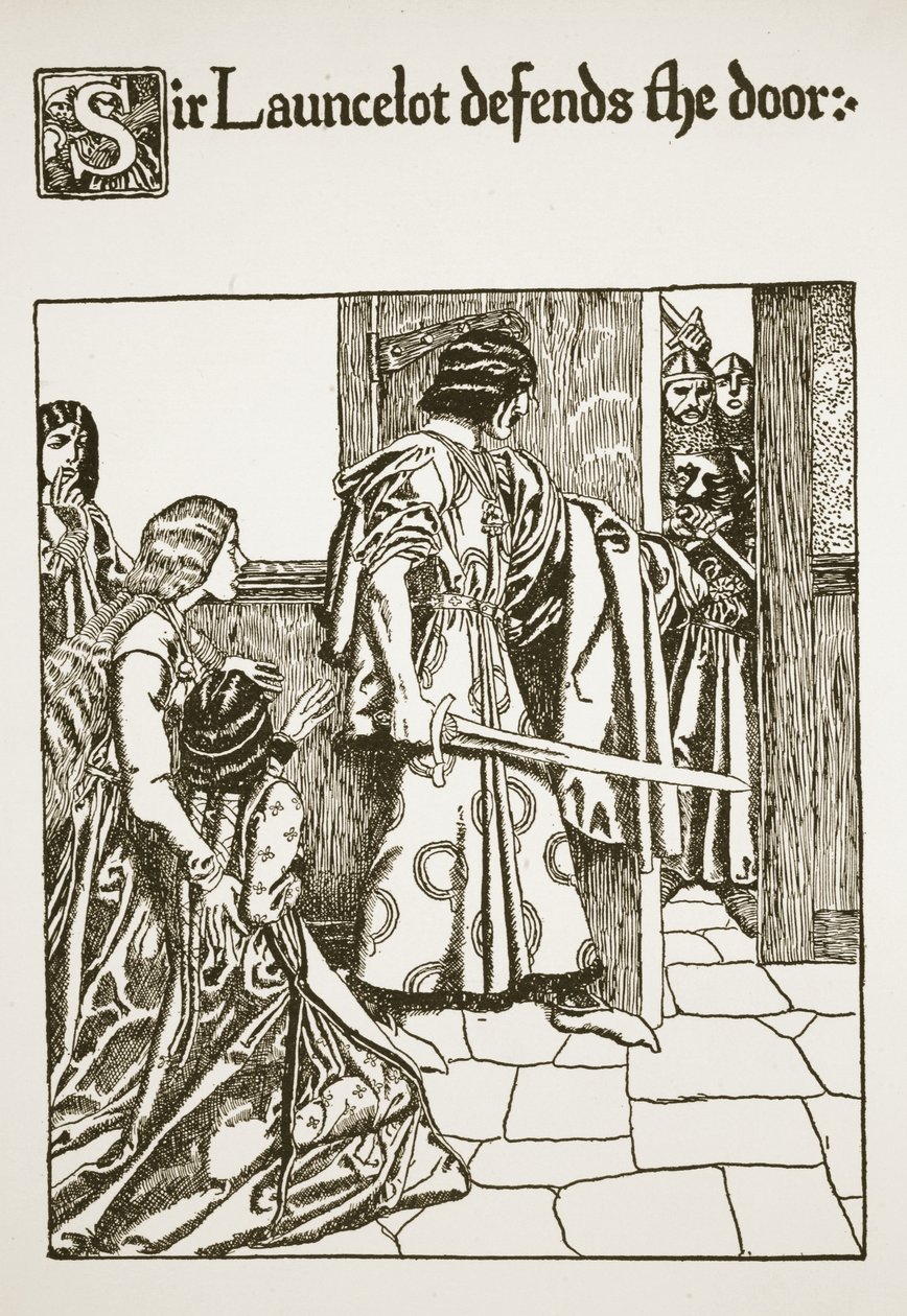 Sir Launcelot forsvarer døren, illustrasjon fra 