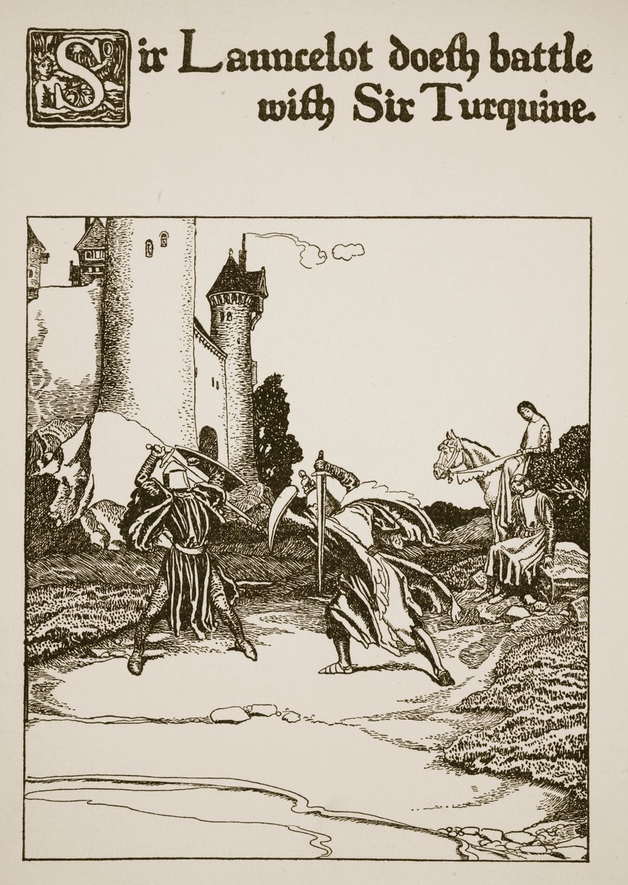 Sir Launcelot kjemper mot Sir Turquine, illustrasjon fra "The Story of the Champions of the Round Table" av Howard Pyle