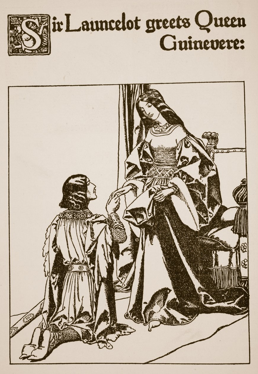 Sir Launcelot hilser på dronning Guinevere, illustrasjon fra 'The Story of the Champions of the Round Table' av Howard Pyle
