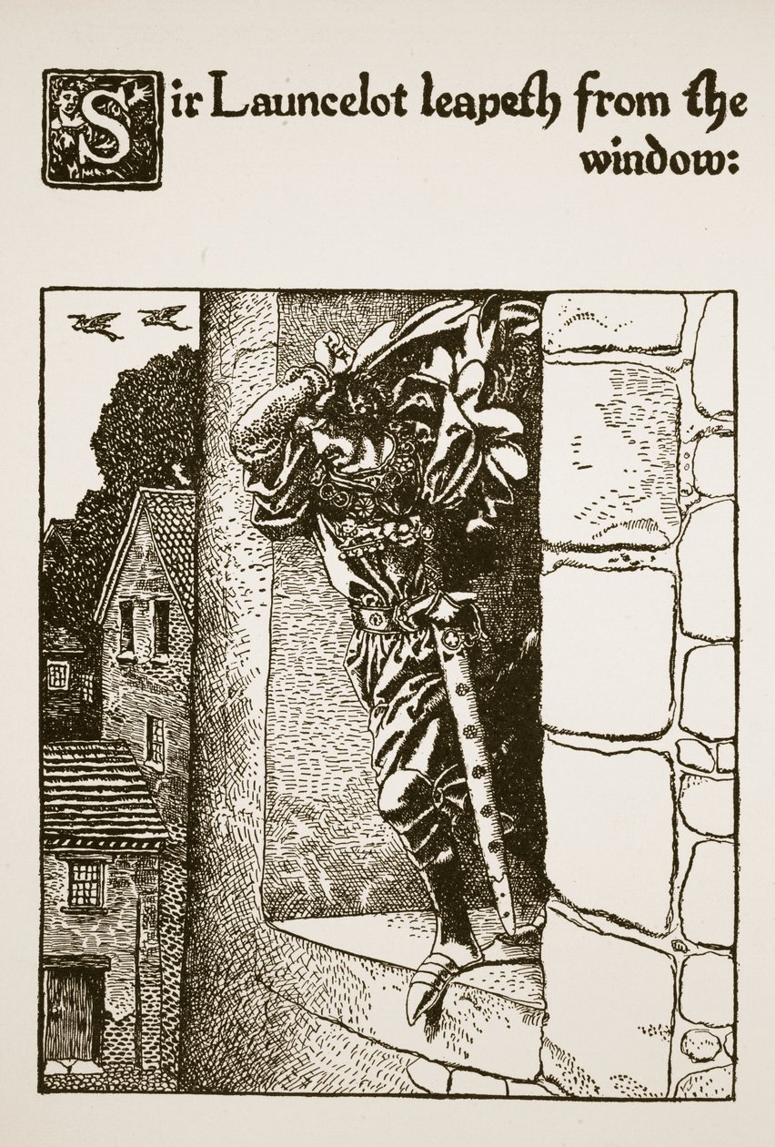 Sir Launcelot spretter fra vinduet, illustrasjon fra 