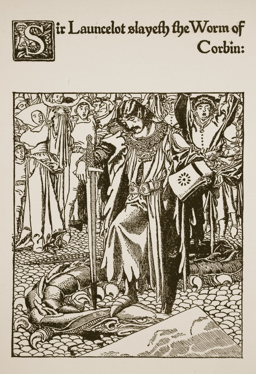 Sir Launcelot dreper ormen fra Corbin, illustrasjon fra 'The Story of Sir Launcelot and his Companions', 1907 av Howard Pyle