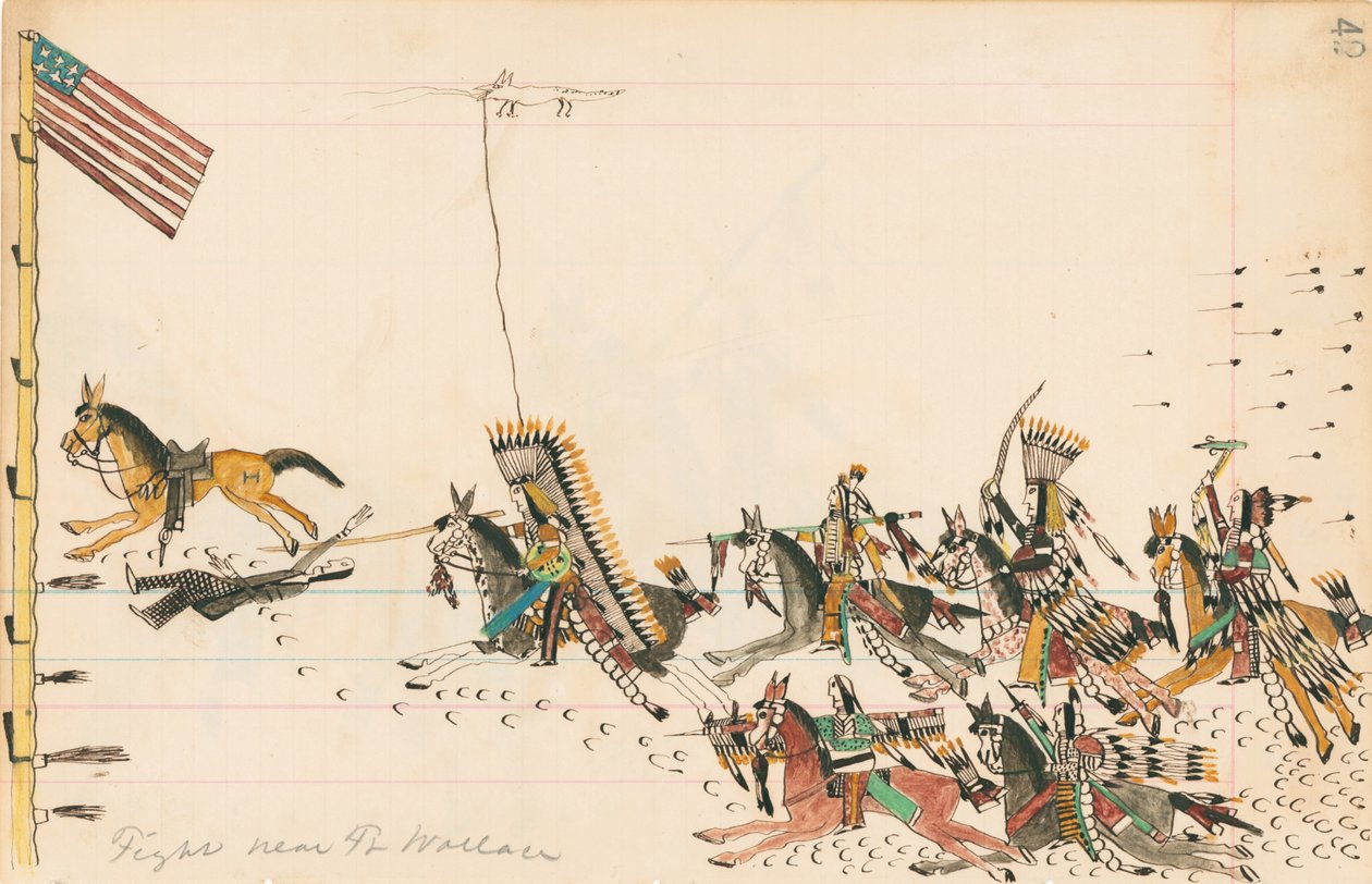 Kjemp nær Ft. Wallace, 1874-75 (penn, blekk og wc på hovedbokpapir) av Howling Wolf
