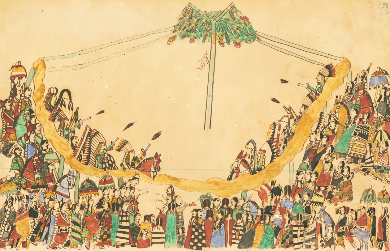 Krigerne gjorde sitt store inntog til Medicine Lodge før de begynte dansen, 1874-75 (penn, blekk og wc på hovedbokpapir) av Howling Wolf