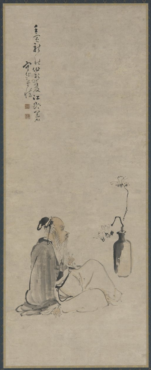 Gammel mann som ser på grener av magnolia i en vase, Qing-dynastiet, 1722 (blekk og farge på papir) av Huang Shen
