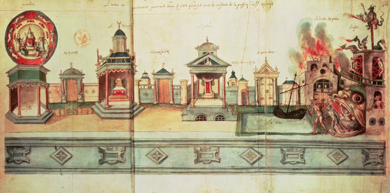 Ms fr.12536 f.2 The Scenery for Valenciennes Mystery Play, 1547 (gouache og blekk) av Hubert Cailleau