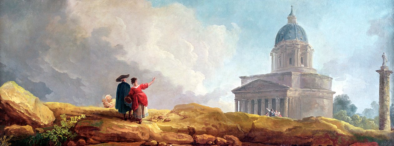 En kirke vist for en reisende i et vidstrakt landskap av Hubert Robert