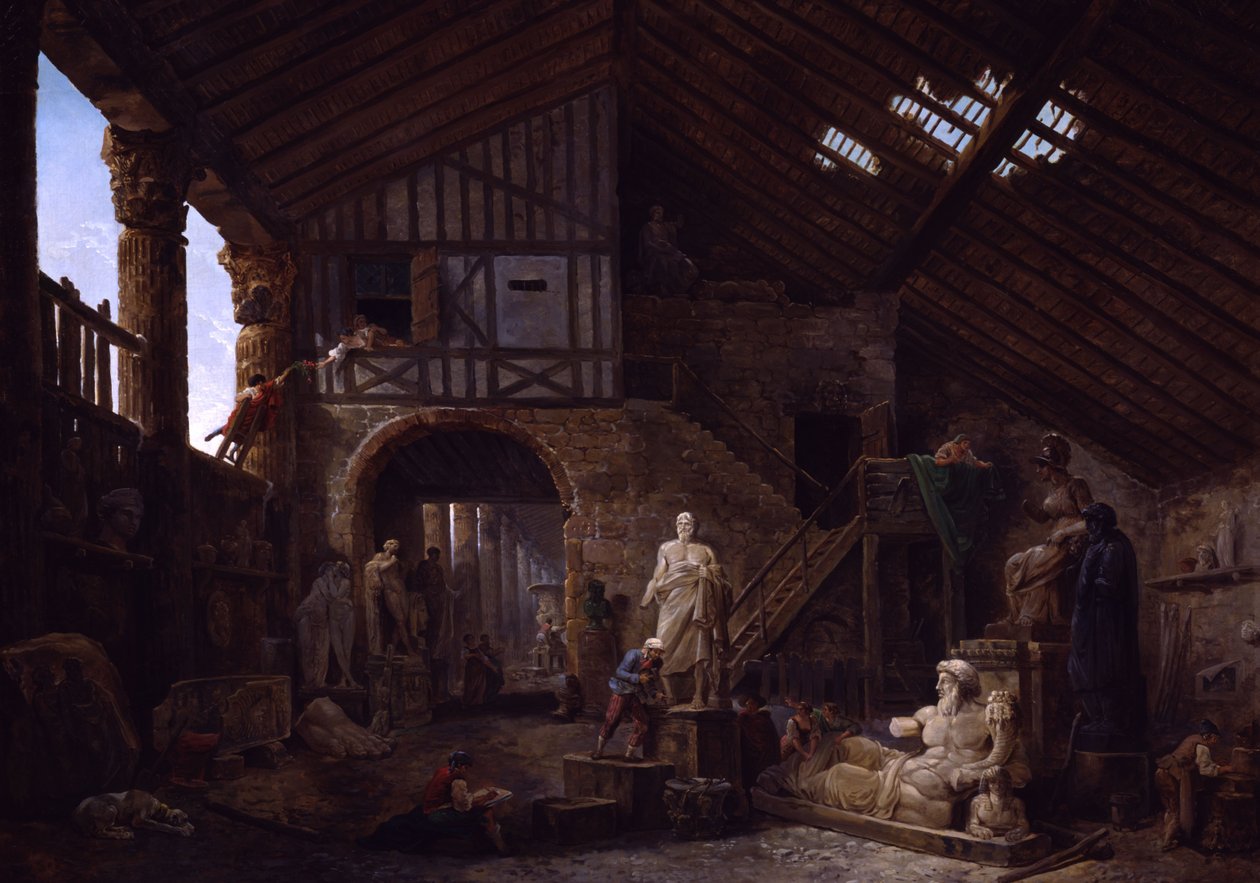 Studio of an Antiquities Restorer i Roma av Hubert Robert