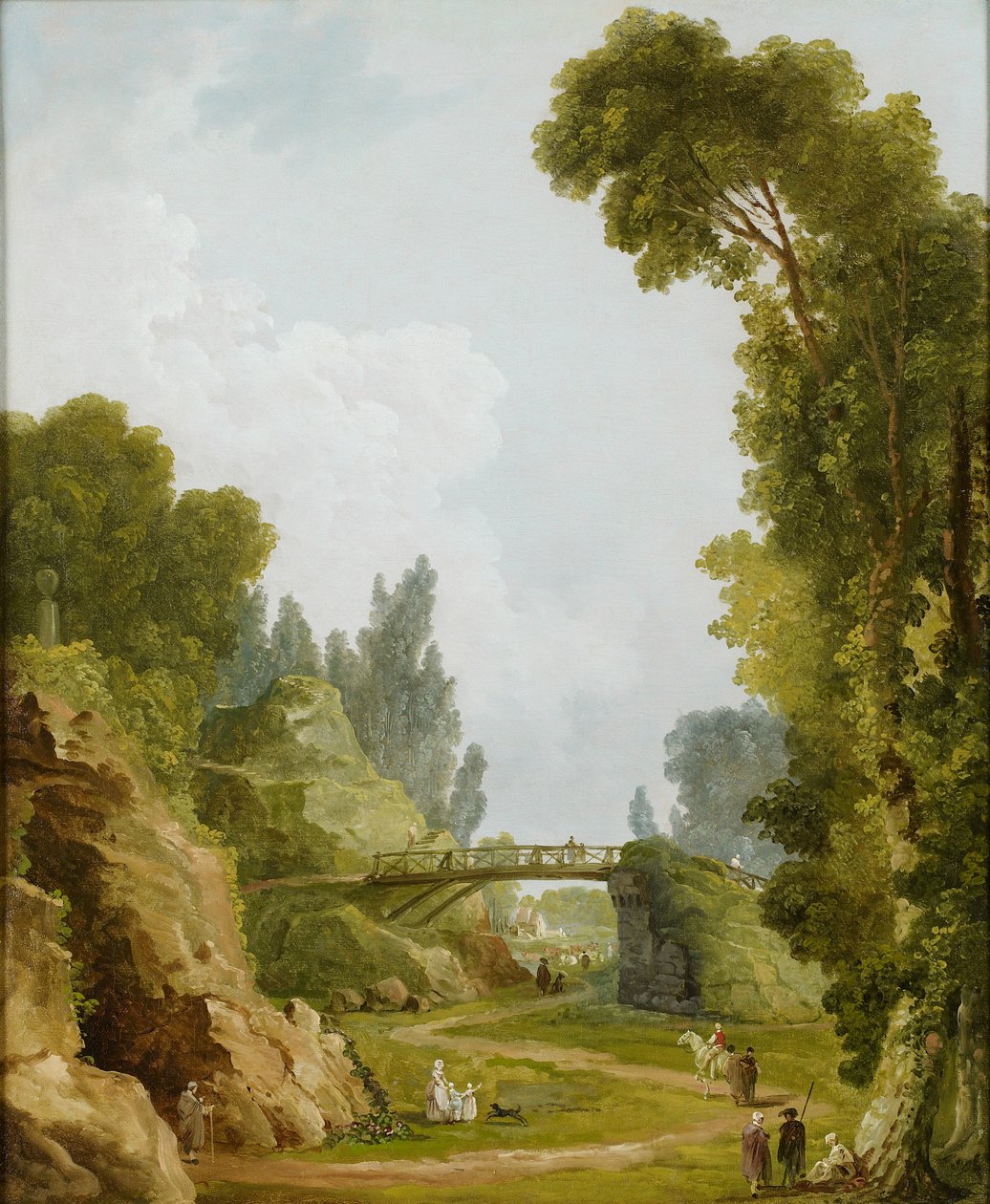 Den rustikke broen, Chateau de Méréville, Frankrike, ca. 1785 av Hubert Robert