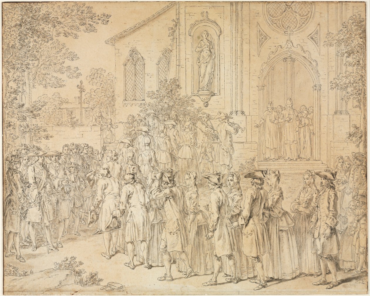 En prosesjon som går inn i en kirke av Hubert François Bourguignon Gravelot