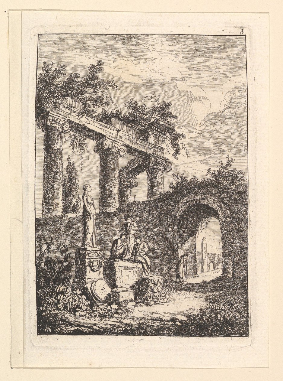 Statuen før ruinene.n.d. av Hubert Robert