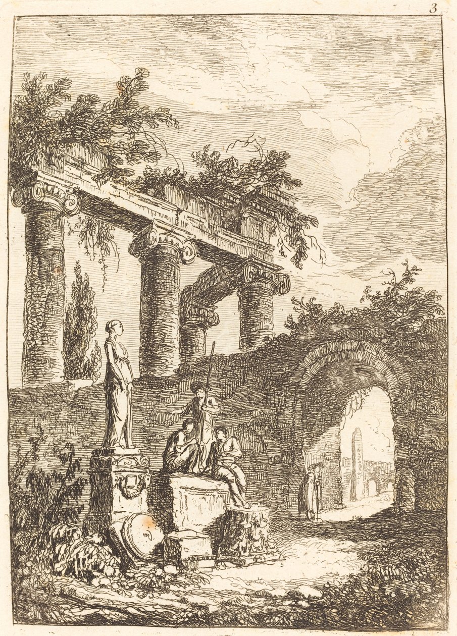 Statuen før ruinene av Hubert Robert