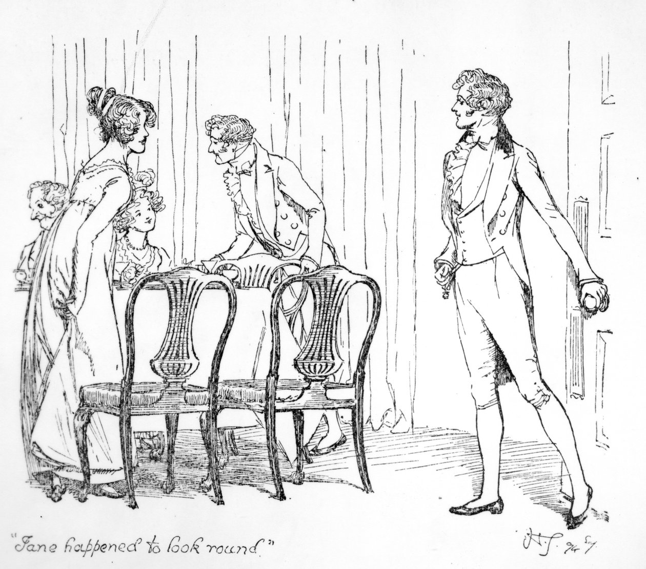 "Jane så seg tilfeldigvis rundt", illustrasjon fra "Stolthet og fordom" av Jane Austen, utgave utgitt i 1894 av Hugh Thomson