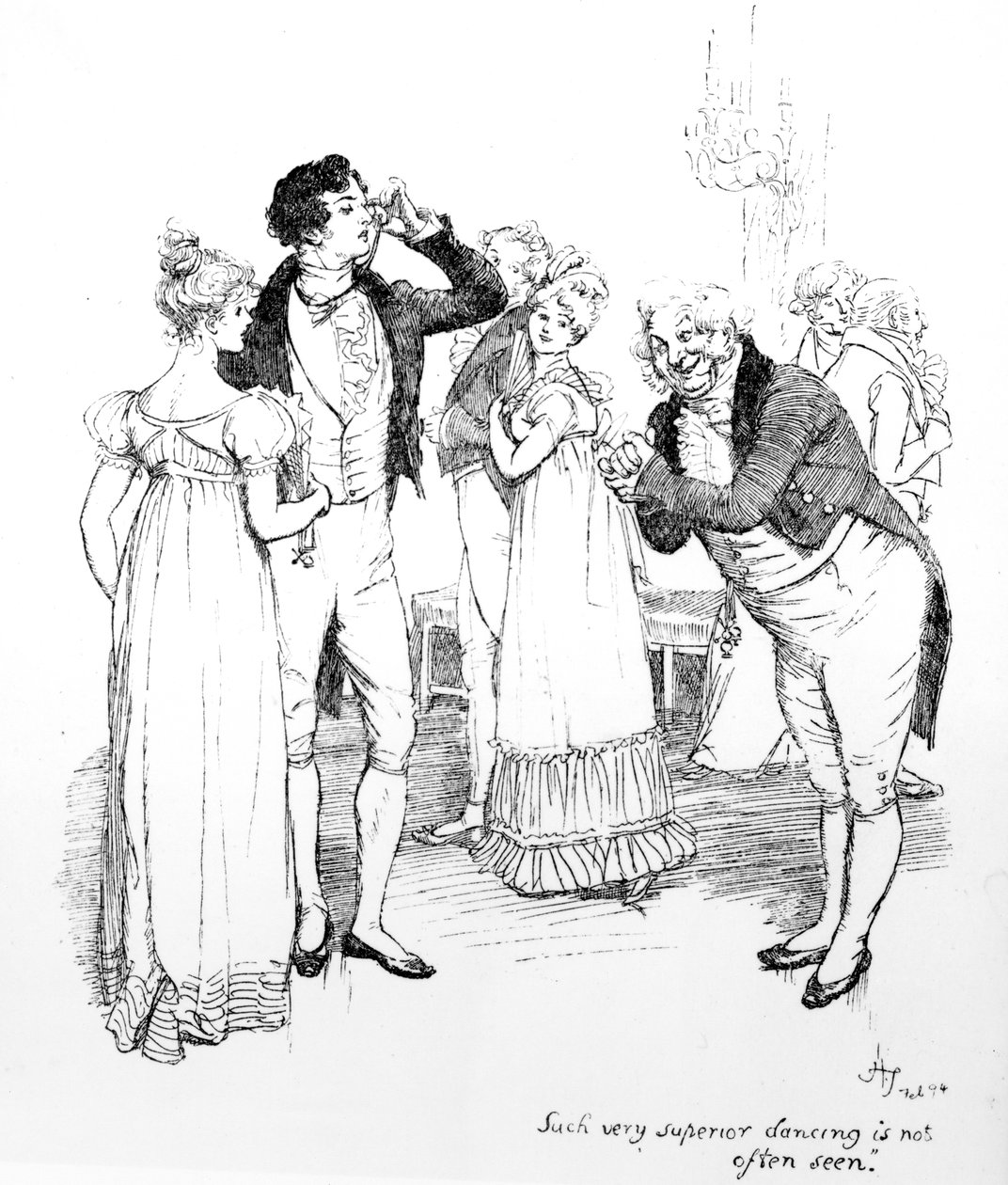 "Slike veldig overlegen dans ser man ikke ofte", illustrasjon fra "Pride und Prejudice" av Jane Austen, utgave utgitt i 1894 av Hugh Thomson