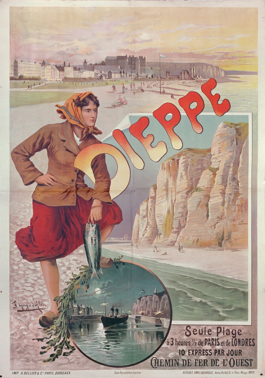 French Railways-plakat som annonserer attraksjonene i Dieppe, ca. 1896 av Hugo dAles