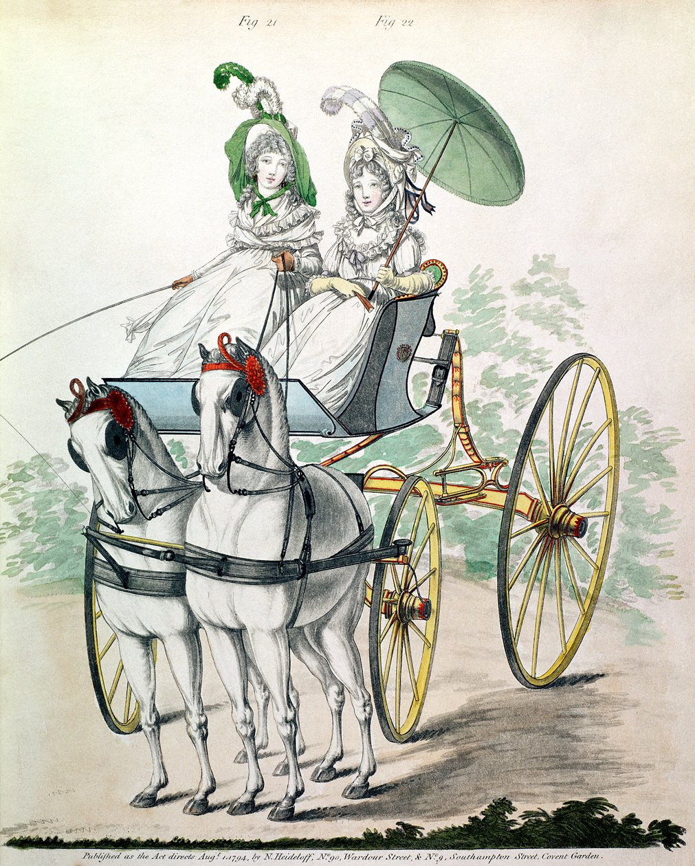 To unge damer i calico-kjoler, tar en lufting i en phaeton, fra 