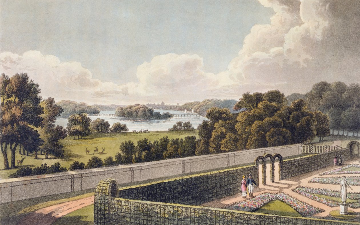 Visning, som foreslått endret, fra portikken til en villa nær London, fra 'Fragments on the Theory and Practice of Landscape Gardening', 1816 (akvatint) av Humphry Repton