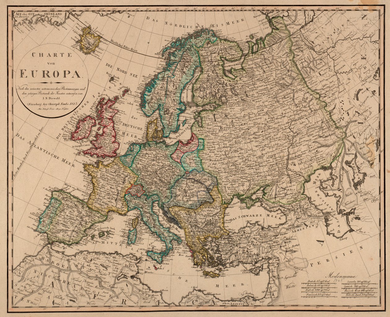 Kartet er gitt ut i Nürnberg, bey Christoph Fembo (1823) og viser Europa av I. N. Diewald
