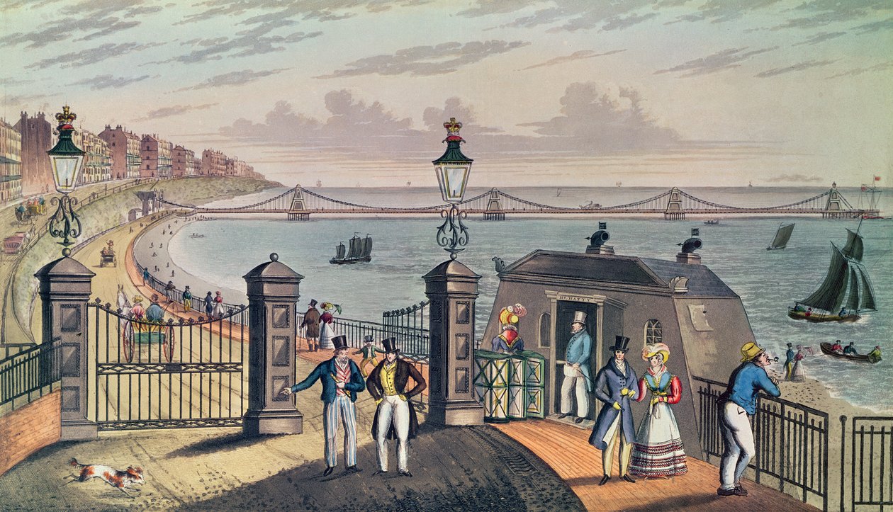 Chain Pier på forsiden i Brighton, designet og reist av Captain S. Brown R.N. i 1823, gravert og utgitt av kunstneren (fargetrykk) av Ian Bruce