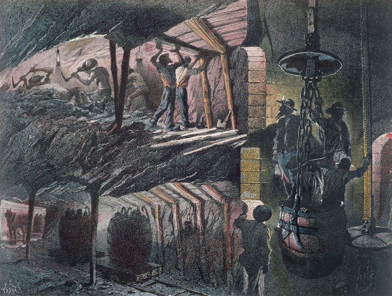 Tverrsnitt av en kullgruve, gravert av Jules Ferat (f.1819) 1889 av Ignace Francois Bonhomme