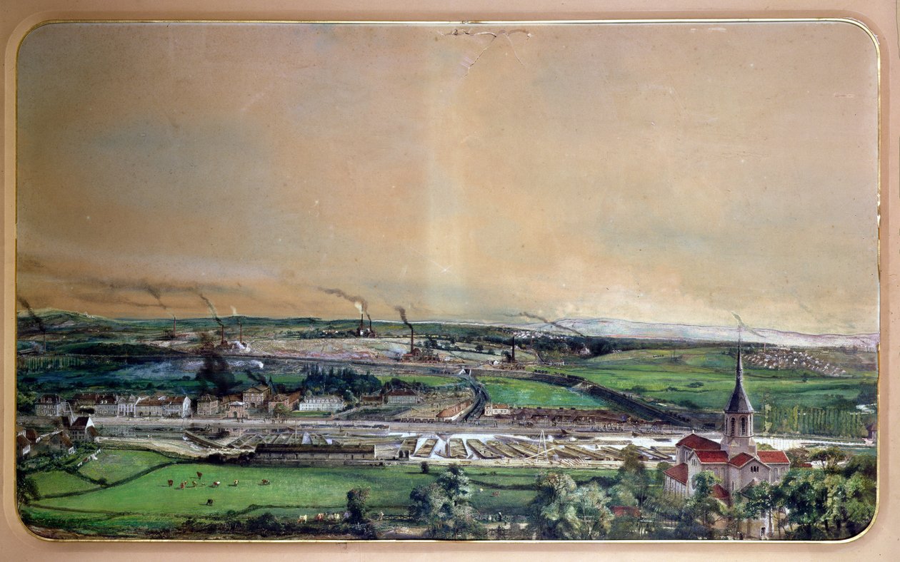 Industrielt landskap i Blanzy-kullfeltet, Saone-et-Loire, ca. 1860 (w på papir) av Ignace Francois Bonhomme