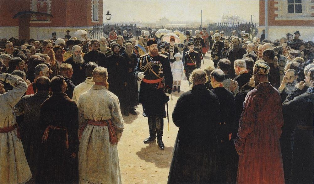 Aleksander III mottok landlige distrikts eldste i gården til Petrovsky Palace i Moskva. av Ilya Efimovich Repin