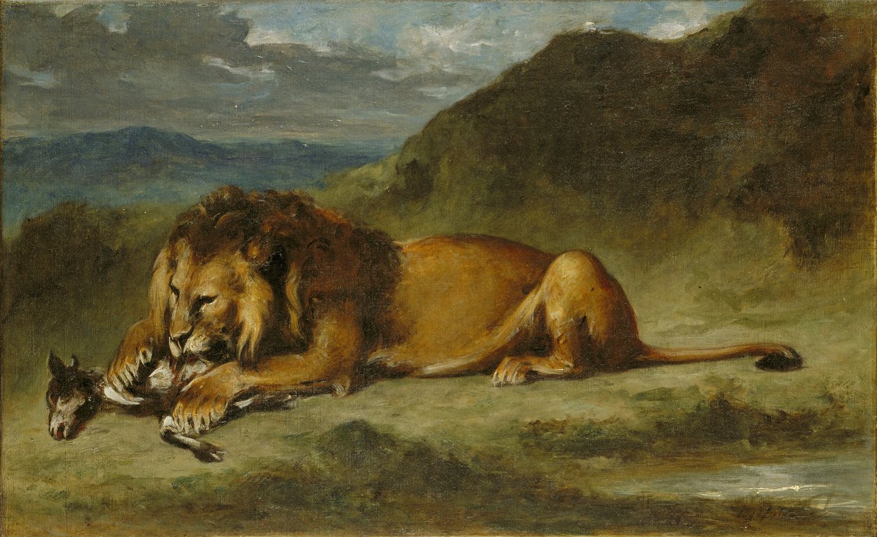 Løven sluker en geit av Imitator of Eugène Delacroix