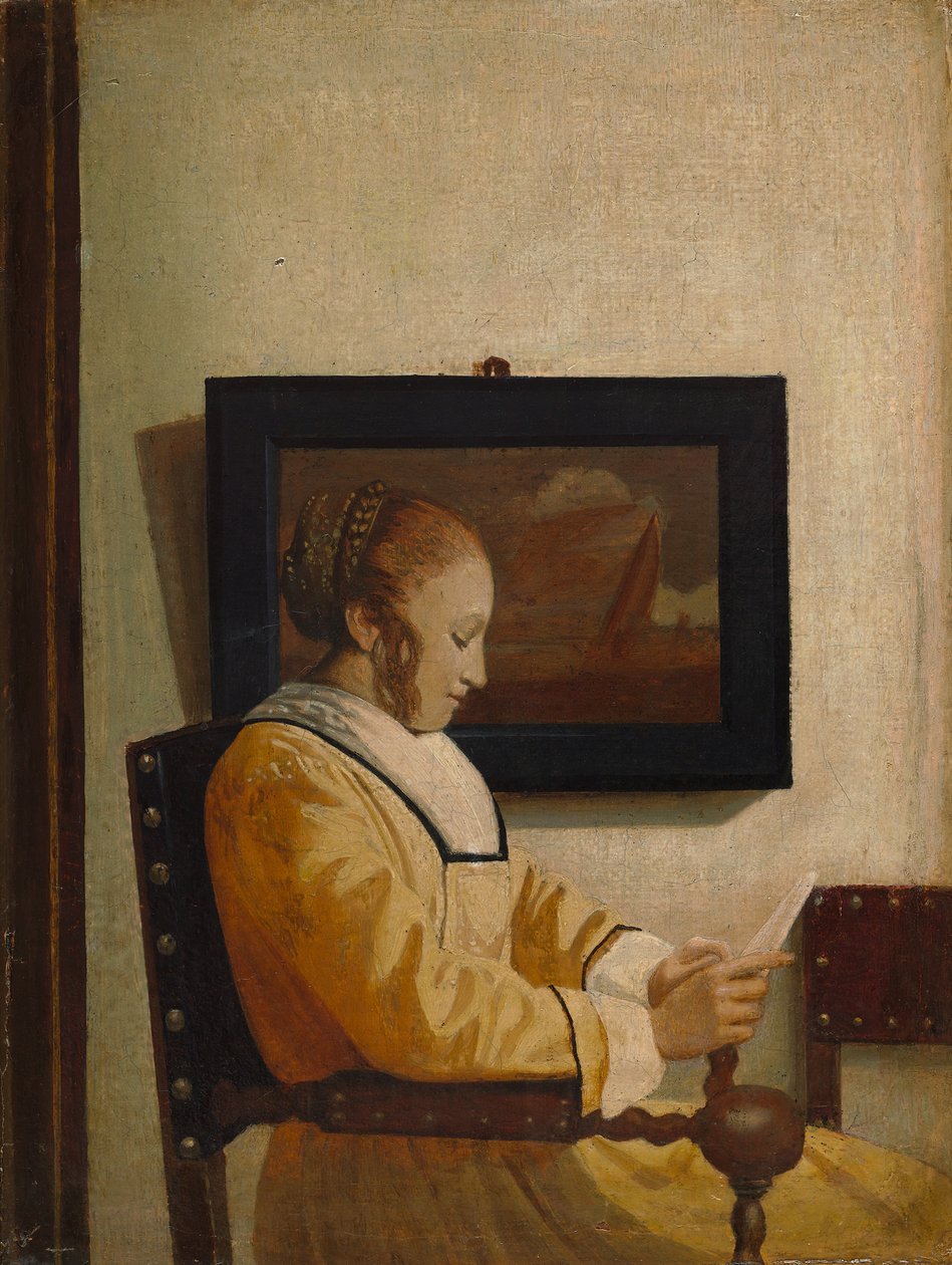En ung kvinne som leser. av Imitator of Johannes Vermeer