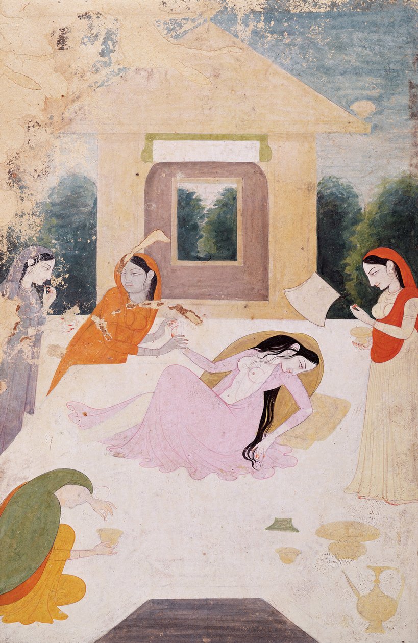 En dame på en terrasse, fortvilet av utilfreds lengsel etter elskeren sin, hennes ledsagere kan ikke gjøre noe for å trøste henne, Guler, Pahari School, ca. 1810 av Indian School