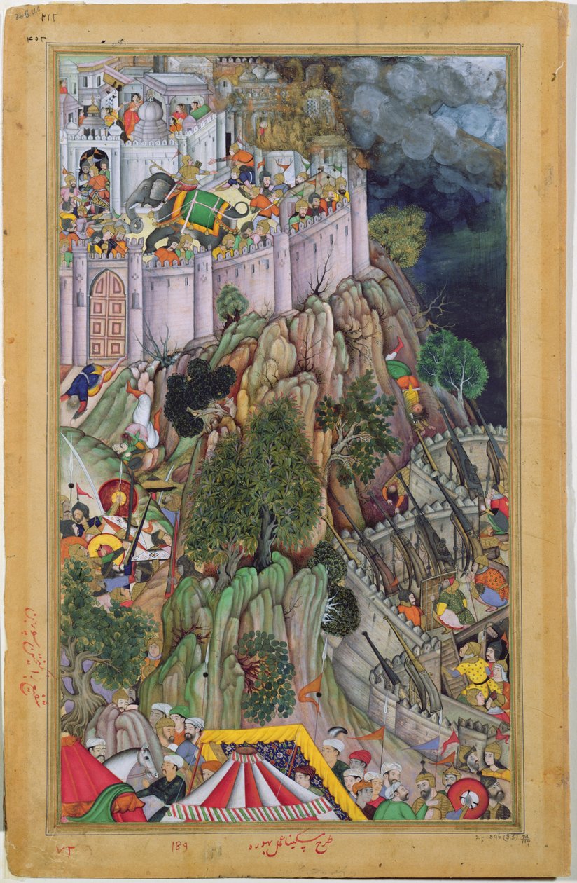 Akbars styrker som beleiret Rai Surjan Hadas fort av Ranthambhor i Rajasthan, i 1569, fra Akbarnama, Mughal, ca. 1590-95 (ugjennomsiktig wc og gull på papir) av Indian School