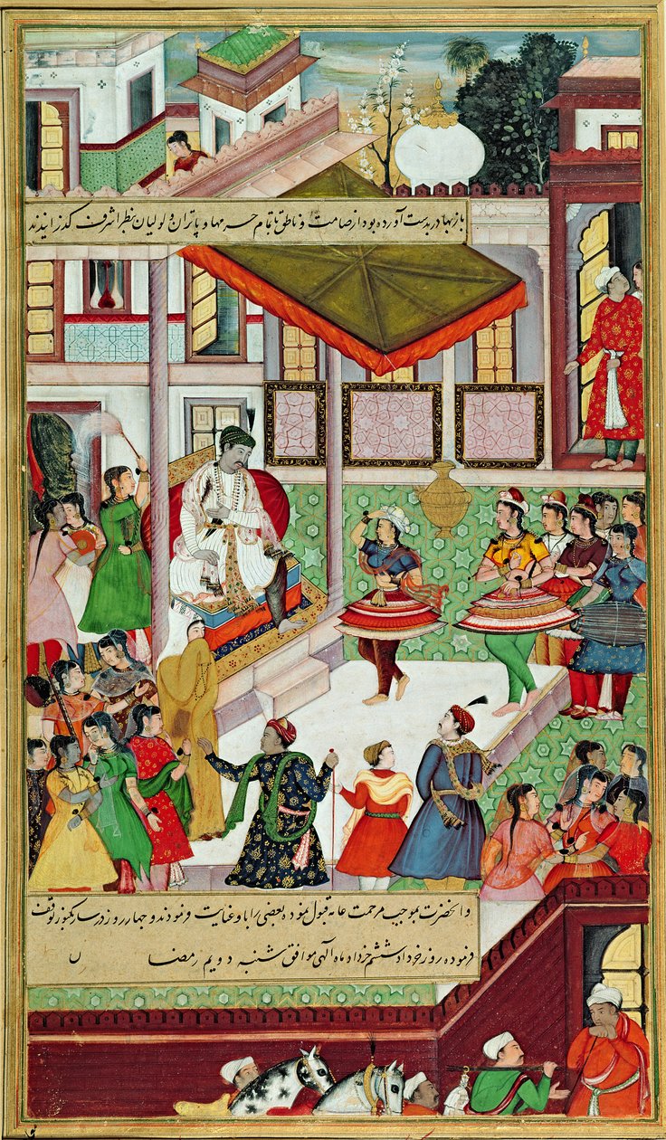 Dansende jenter hentet fra Baz Bahadurs palass i Malwa, og fremførte en Kathak-dans før Akbar, fra 'Akbarnama', Mughal, 1561 av Indian School