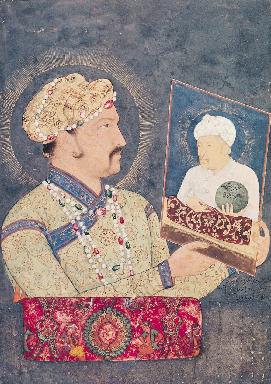 Keiser Jahangir (1569-1627) holder et portrett av keiser Akbar (1542-1605) av Indian School