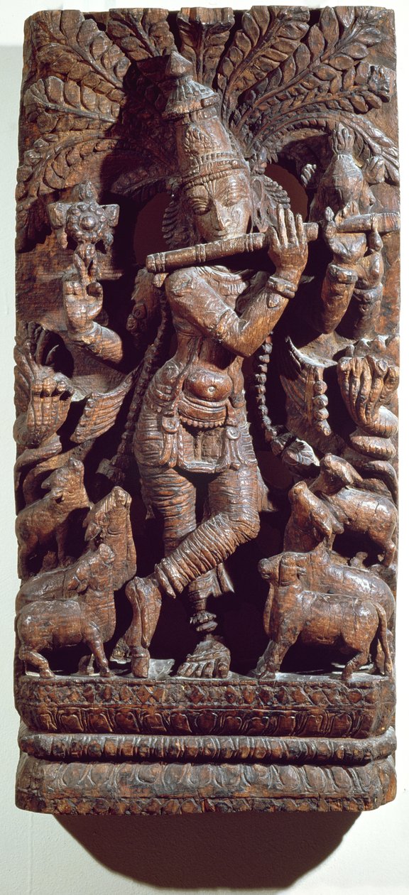 Krishna spiller en fløyte (tre) av Indian School