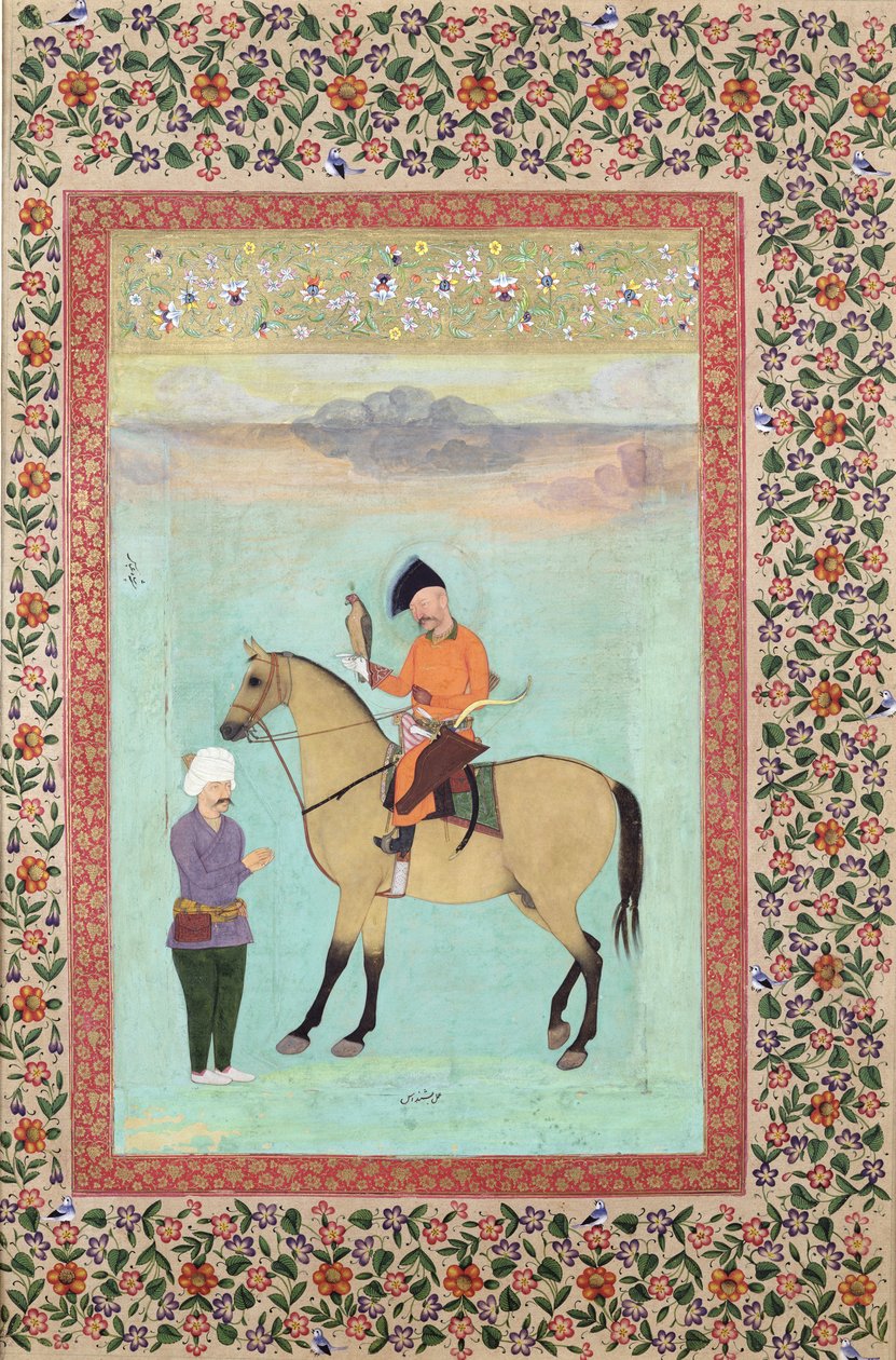 E-14 Shah Abbas (1571-1629) på en hest som holder en falk, ca. 1620 av Indian School