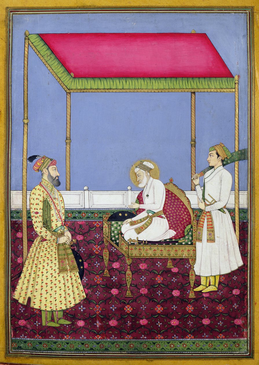 Keiser Aurangzeb i alderdom sittende på en trone, miniatyr fra et Muraqqa-album, tidlig på det attende århundre (gouache og bladgull på papir) av Indian School