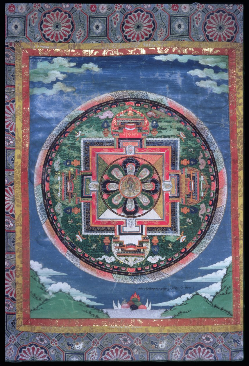 The Mystic Circle of Phyag-rdor (Varjrapani) and the Eight Serpent Divinities with Four Doorkeepers, Mandala Vajrapani, ca. 1849 (malt silke og stoff) av Indian School
