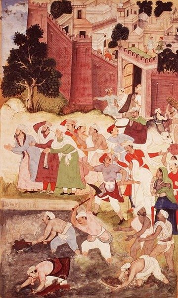 Rensingen av Kukur Talaoa nær Nagor, fra Akbarnama, Mughal, 1590-95 (ugjennomsiktig wc og gull på papir) av Indian School