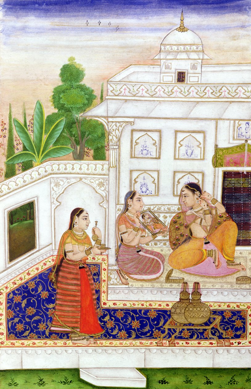 Vilaval Ragini: Woman at her Toilet, fra en Ragamala, fra Bikaner, Rajasthan av Indian School