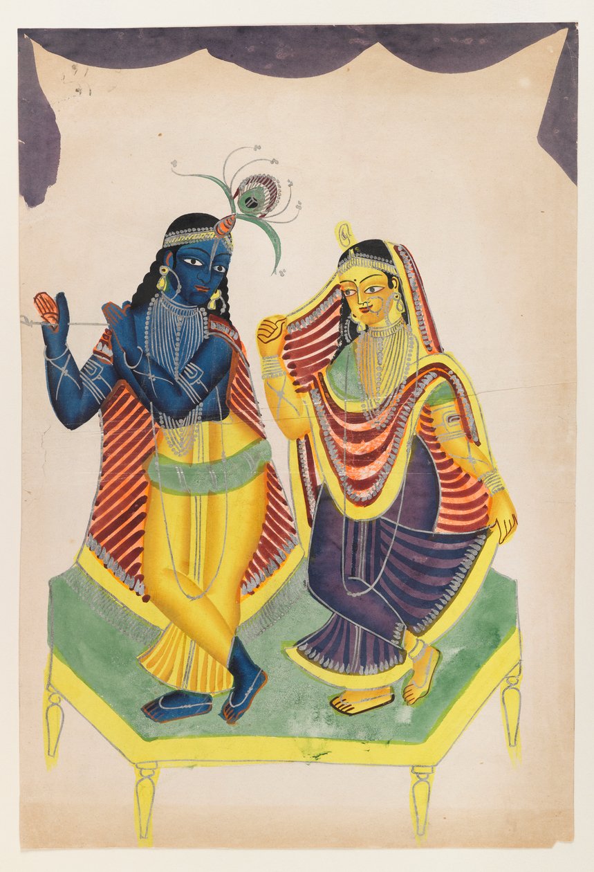 Krishna og Radha, slutten av 1800-begynnelsen av det 20. århundre (wc på papir med polerte tinnaksenter) av Indian School