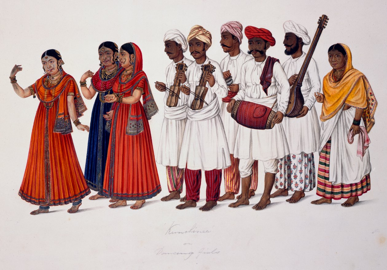 Dansende jenter og musikere, ca. 1828 (farge litho) av Indian School