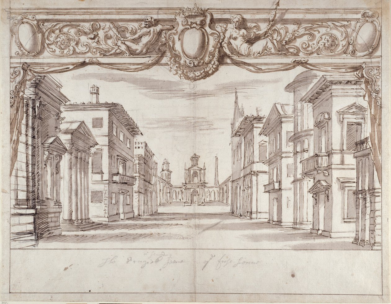 Tragisk scene (penn og blekk på papir) av Inigo Jones