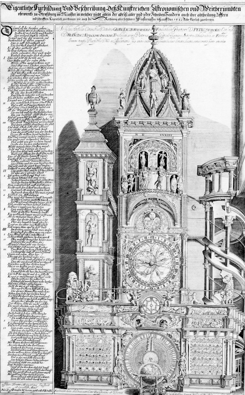 Den astronomiske klokken i Strasbourg-katedralen, 1621 (gravering og boktrykk) av Franz Isaac Brun