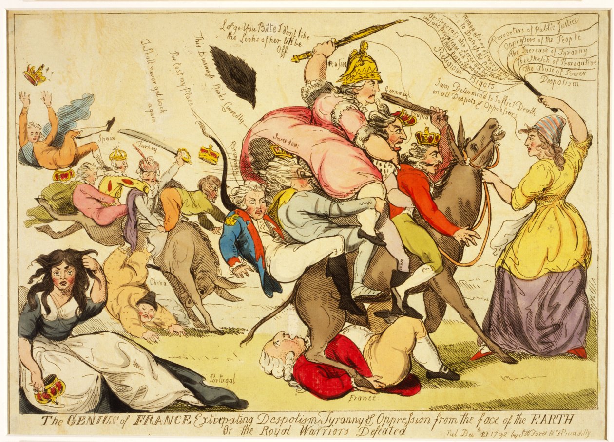 The Genius of France utrydde despotisme, tyranni og undertrykkelse fra jordens ansikt eller de kongelige krigere beseiret, pub. 1792 (håndfarget etsning) av Isaac Cruikshank