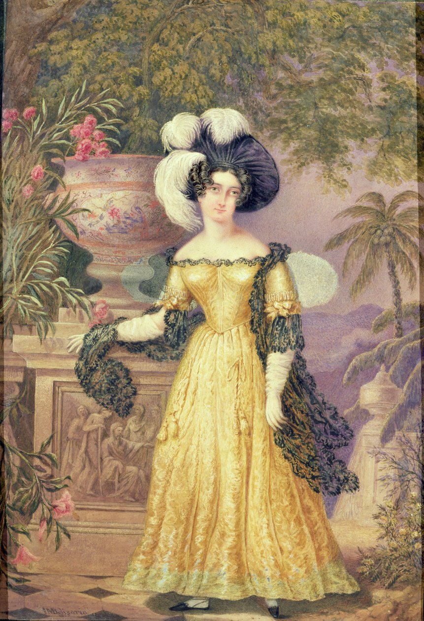 Lady Rowe, stående liten i full lengde på en terrasse, et måneskinnet jamaicansk landskap bortenfor av Isaac Mendes Belisario