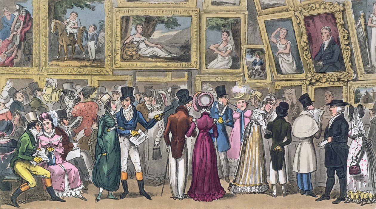 A Shilling Well Laid Out: Tom og Jerry på utstillingen av bilder ved Royal Academy, fra "Life in London" av Pierce Egan, 1821 (farget akvatint) av Isaac, Robert and George Cruikshank