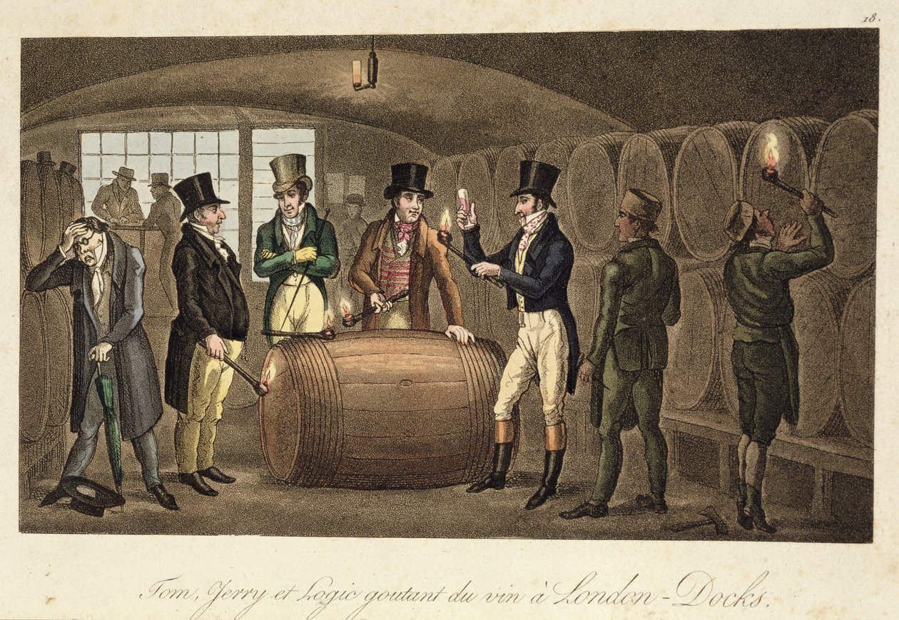 Tom, Jerry og Logic smaker på vin på London Docks, fra "Life in London" av Pierce Egan, 1821-22 (farget akvatint) av Isaac, Robert and George Cruikshank