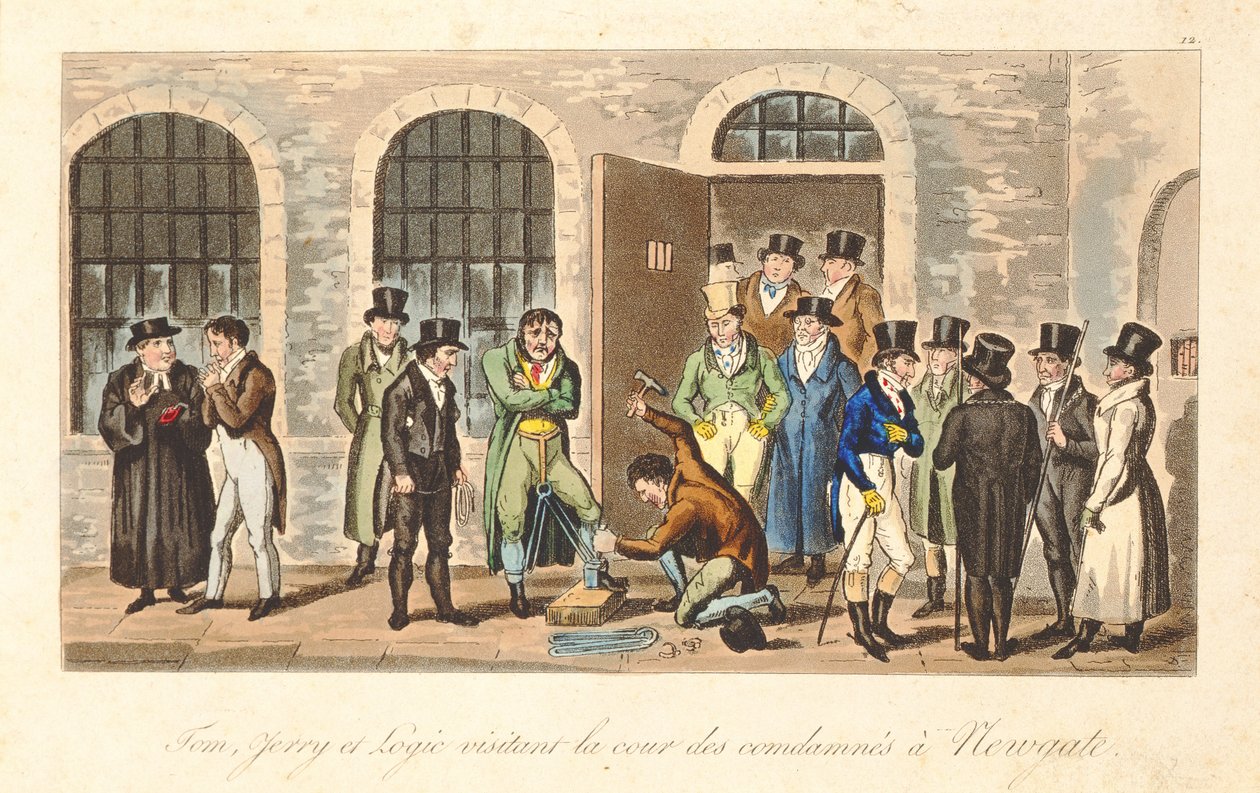 Tom, Jerry og Logic besøker fordømte fanger i Newgate Prison, fra "Life in London" av Pierce Egan, 1821-22 (farget akvatint) av Isaac, Robert and George Cruikshank
