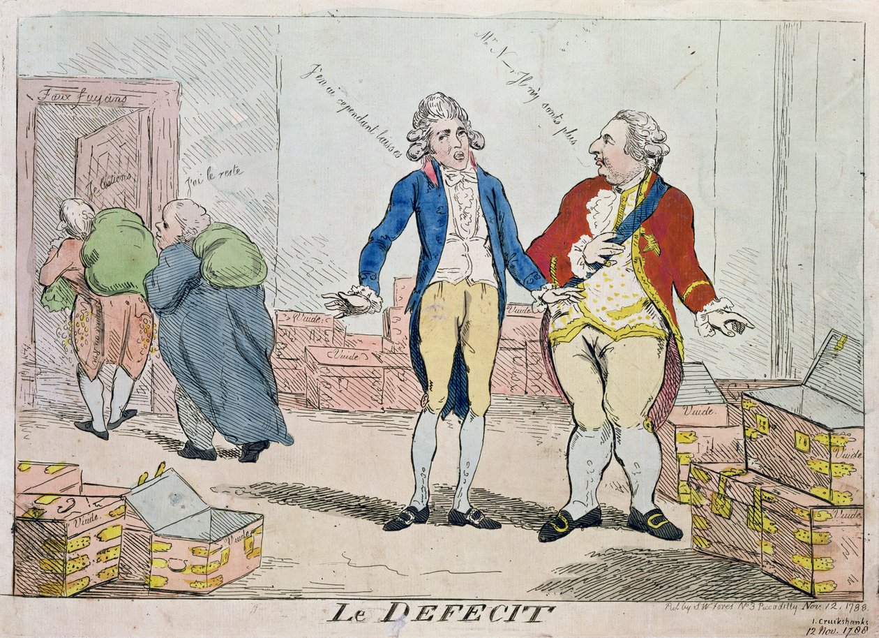 Le Deficit, 1788 (fargetsing) av Isaac Robert Cruikshank