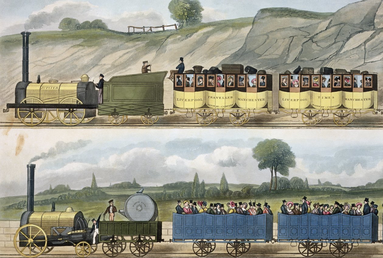 Et tog av første klasse (øverst) og et tog av annen klasse (nederst) fra 'Coloured View of the Liverpool und Manchester Railway', gravert av SG Hughes, utgitt av Ackermann und Co., London, 183 av Isaac Shaw
