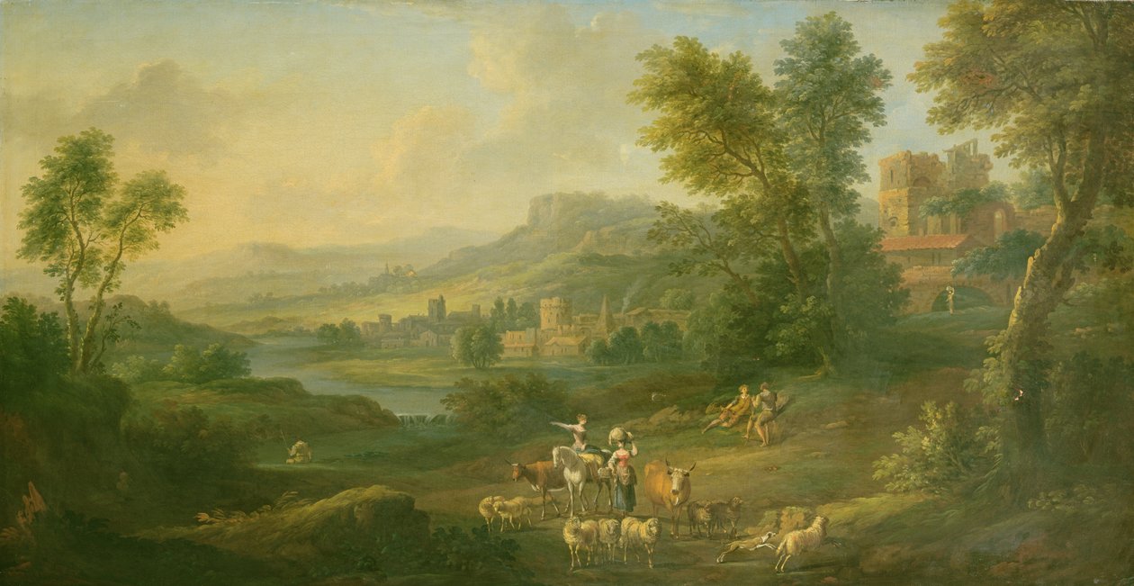 Drovers og gjeterinner i et idyllisk pastoralt landskap av Isaac de Moucheron